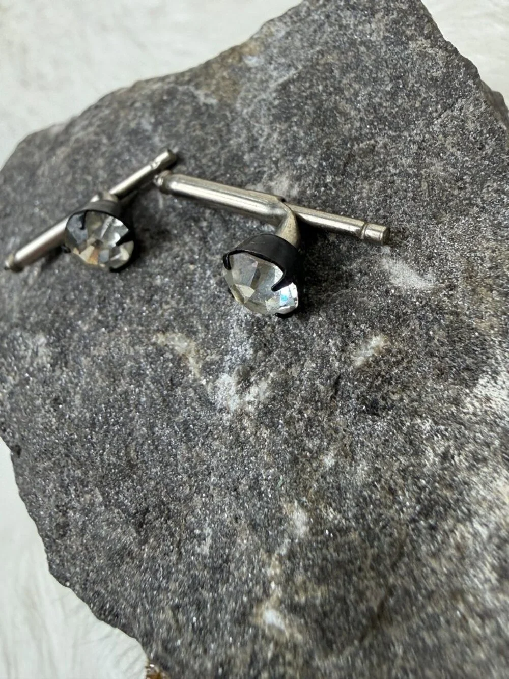 Vintage Black Metal & Silver Tone w/ Clear Rhinestone Shirt Studs